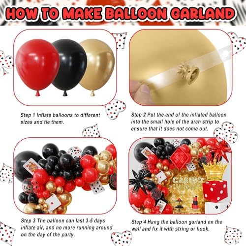 144PCS Dice Favor Boxes Casino Theme Party Decorations , Casino Balloon Arch Garland Kit Red Black Gold Dice Crown Poker Foil Balloons for Poker Las Vegas Game Night Casino Party Supplies