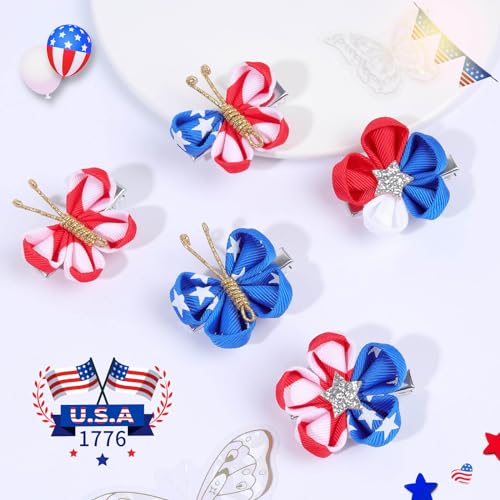 10PCS 4th of July Mini Butterfly Hair Clips, Oaoleer 2" Hair Bow Blue White Red Butterfly American Flag girl Hair Accessories for Baby Girls Women Independence Day
