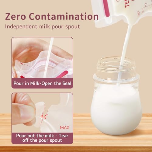120 Pcs Breastmilk Storage Bags 8 Oz, Temp-Sensing BPA Free Milk Storage Bags with Pour Spout for Breastfeeding, Self-Standing or Flat Pre-sterilised Bag, Space Saving for Fridge or Freezer