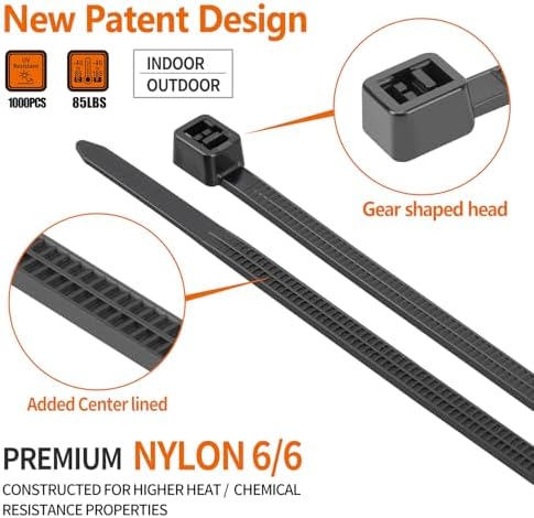 14 inch Black Zip Ties (1000 Pack), 2025 New Patented Design, 85 LBS Tensile Strength, Self-Locking Nylon PA66 UV Resistant Cable Ties for Indoor and Outdoor Use