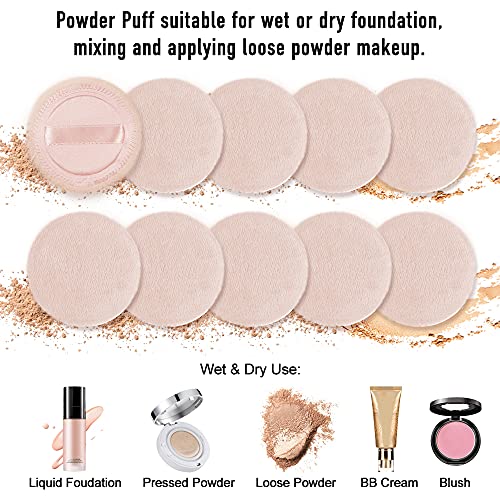 10pcs Powder Puff Cotton Cosmetic Face Makeup Powder Puffs Pads with Ribbon for Loose and Foundation 2.36 inch. (Beige)
