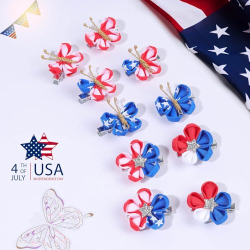 10PCS 4th of July Mini Butterfly Hair Clips, Oaoleer 2" Hair Bow Blue White Red Butterfly American Flag girl Hair Accessories for Baby Girls Women Independence Day