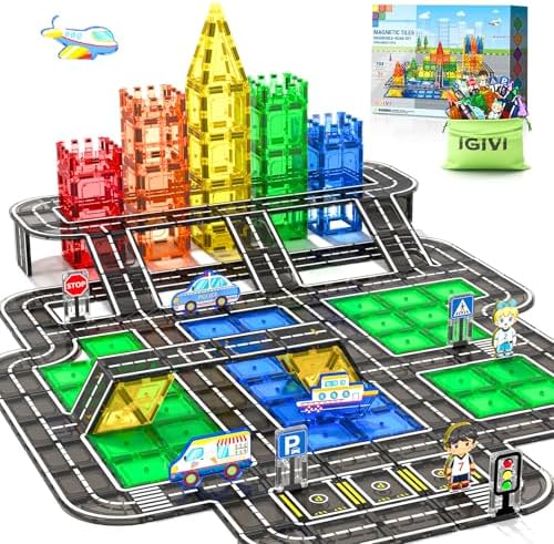 104 PCS Magnetic Tiles Road Set, STEM Magnet Building Blocks for Kids Toddler Toys Games, Christmas Birthday Gifts for 3+ Year Old Boys Girls, Car Enthusiasts and Classroom Must Haves