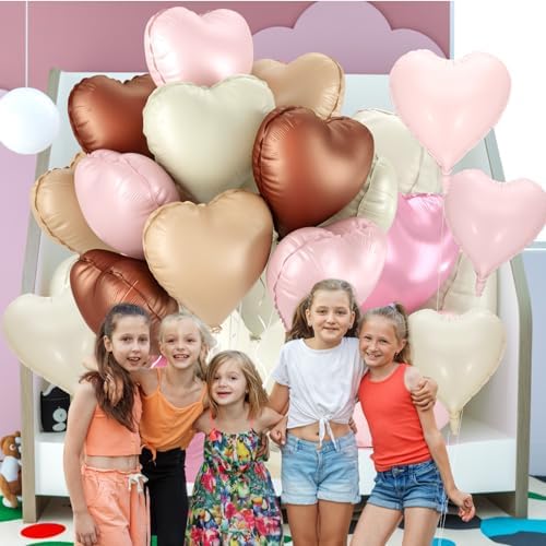 12 Pcs Heart Balloons, 18 inch Cream Brown Pink Heart Shaped Balloons, Big Heart Mylar Helium Balloons, Retro Pink Heart Love Foil Balloons for Wedding Baby Shower Valentine Party Decorations