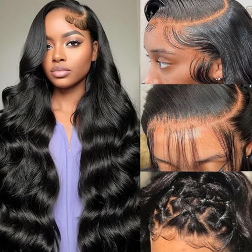 13x6 Lace Front Wigs Human Hair 200% Density HD Transparent Body Wave Lace Front Wigs Human Hair Body Wave Glueless Frontal Wigs Human Hair for Women Pre Plucked with Baby Hair Natural Black 36Inch