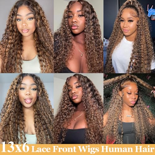 13x6 Ombre Lace Front Wigs Human Hair Pre Plucked 180 Density Honey Blonde Curly Wigs Human Hair 13x6 Deep Wave HD Lace Frontal Wigs Human Hair for Women with Baby Hair 26 inch