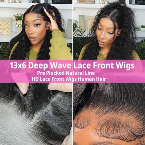13x6 HD Lace Front Wigs Human Hair Pre Plucked 22inch Deep Wave Lace Front Wigs for Women Pre Plucked with Baby Hair 180% Density Brazilian Virgin Human Hair Wigs Deep Curly Wigs Natural Black