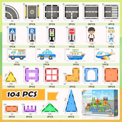 104 PCS Magnetic Tiles Road Set, STEM Magnet Building Blocks for Kids Toddler Toys Games, Christmas Birthday Gifts for 3+ Year Old Boys Girls, Car Enthusiasts and Classroom Must Haves