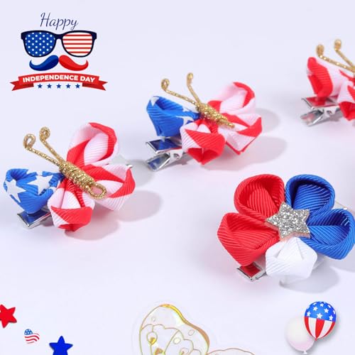10PCS 4th of July Mini Butterfly Hair Clips, Oaoleer 2" Hair Bow Blue White Red Butterfly American Flag girl Hair Accessories for Baby Girls Women Independence Day