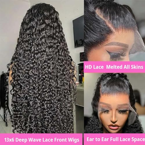 13x6 HD Lace Front Wigs Human Hair Pre Plucked 22inch Deep Wave Lace Front Wigs for Women Pre Plucked with Baby Hair 180% Density Brazilian Virgin Human Hair Wigs Deep Curly Wigs Natural Black
