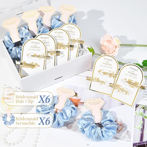 12 PCS Silk Satin Soft Blue Hair Accessories - Bridesmaid Proposal Favors with Hair Clips, Scrunchies, and Bridal Shower Gifts for Women and Girls