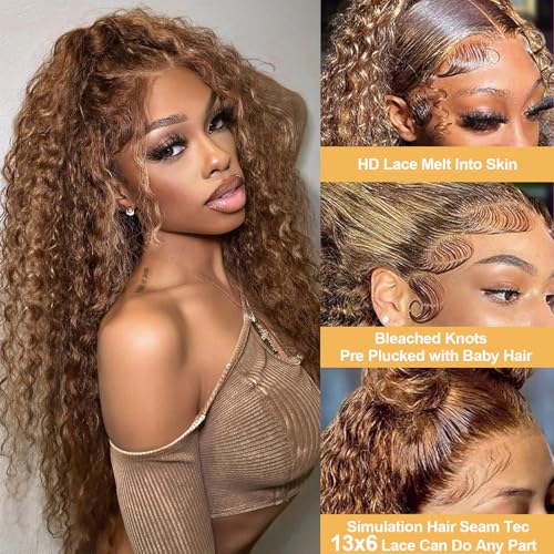 13x6 Ombre Lace Front Wigs Human Hair Pre Plucked 180 Density Honey Blonde Curly Wigs Human Hair 13x6 Deep Wave HD Lace Frontal Wigs Human Hair for Women with Baby Hair 26 inch