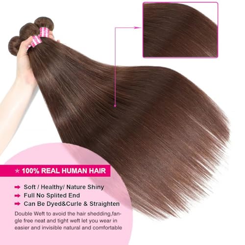 12A Human Hair Bundles Brown 20 22 24 Inch Straight 4 Bundles Human Hair Unprocessed Brazilian Bundles Human Hair Chocolate Brown Human Hair Extensions Double Weft Remy Hair Bundles #4 Color