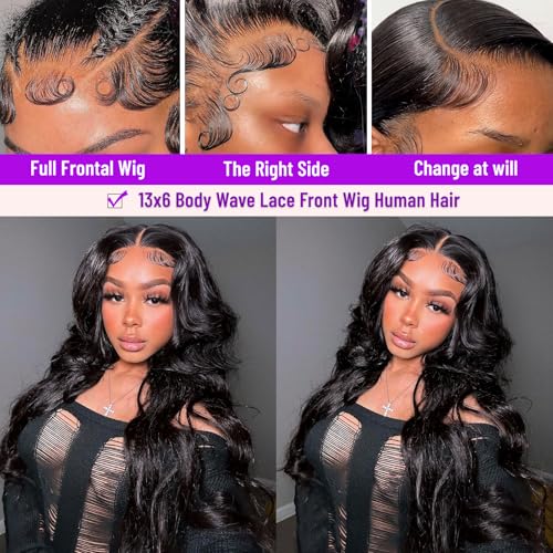 13x6 Body Wave Lace Front Wigs Human Hair Pre Plucked Brazilian 13x6 HD Lace Front Wigs Human Hair with Baby Hair Full Lace Frontal Wig 13x6 Body Wave Wig for Women 180% Density Natural Black 34 Inch