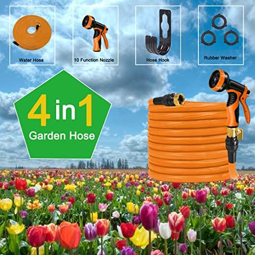 100ft Expandable Garden Hose with 10-Function Spray Nozzle, 3/4" Solid Brass Fittings, Durable Metal Connectors, Lightweight & Flexible Water Pipe for Gardening, Car Washing, and Outdoor Pet Cleaning