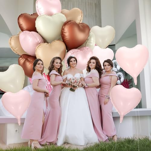 12 Pcs Heart Balloons, 18 inch Cream Brown Pink Heart Shaped Balloons, Big Heart Mylar Helium Balloons, Retro Pink Heart Love Foil Balloons for Wedding Baby Shower Valentine Party Decorations