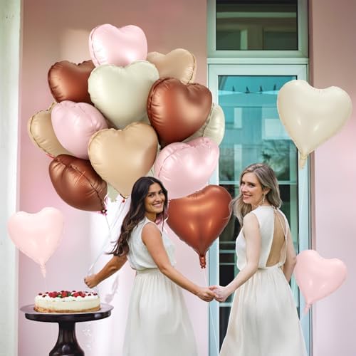 12 Pcs Heart Balloons, 18 inch Cream Brown Pink Heart Shaped Balloons, Big Heart Mylar Helium Balloons, Retro Pink Heart Love Foil Balloons for Wedding Baby Shower Valentine Party Decorations