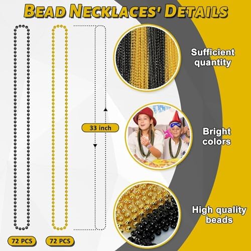 144PCS New Years Eve Bead Necklace, Black Gold Bead Necklace Party Supplies, 33" New Years Eve Necklaces Costume Set, Festival Parade Throw for Mardi Gras New Years Celebrations Decorations