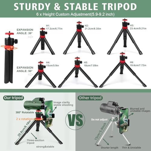 12x56 High Power Monocular Telescope with Smartphone Adapter Tripod Bag, Lightweight Monoculars for Adults with BAK4 Prism & FMC Lens, Suitable for Bird Watching Camping - Army Green