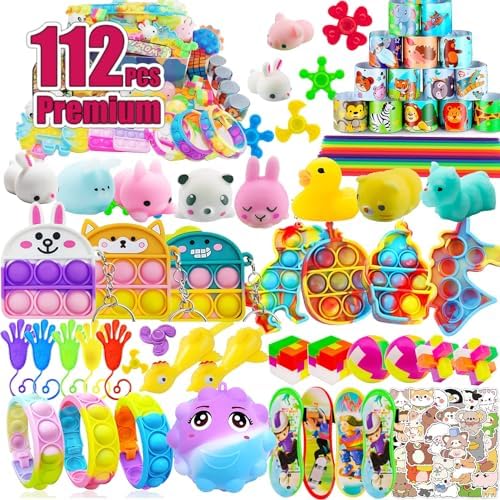 112 PCS Pop Party Favors Toys for kids,Premium Pop Fidget Toys for All Ages kids,Assortment pinata stuffers,classroom prizes,Prize Box Toys,Goody Bag Fillers,Carnival Prizes for Boys and Girls 4-10