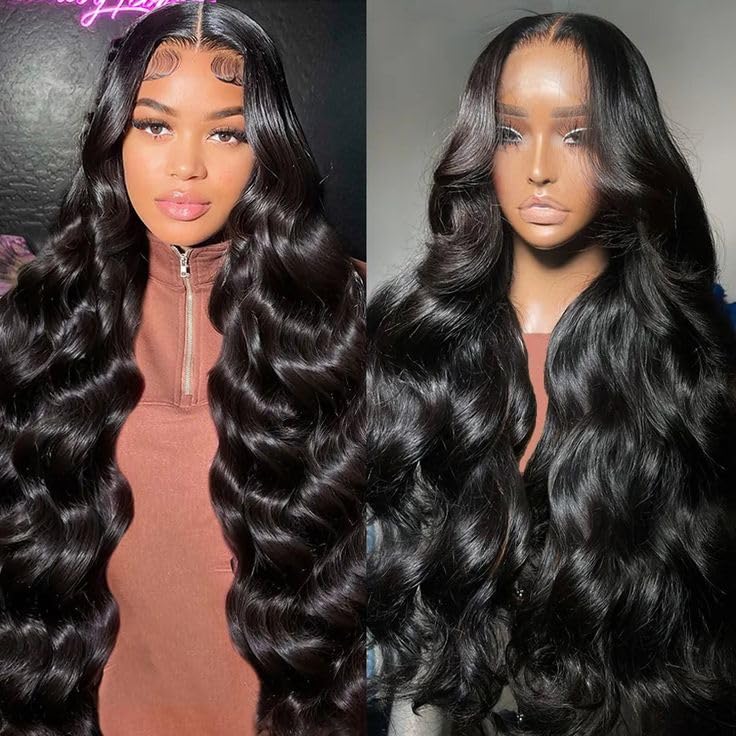 13x6 Lace Front Wigs Human Hair 200% Density HD Transparent Body Wave Lace Front Wigs Human Hair Body Wave Glueless Frontal Wigs Human Hair for Women Pre Plucked with Baby Hair Natural Black 36Inch
