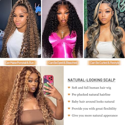 13x6 Ombre Lace Front Wigs Human Hair Pre Plucked 180 Density Honey Blonde Curly Wigs Human Hair 13x6 Deep Wave HD Lace Frontal Wigs Human Hair for Women with Baby Hair 26 inch