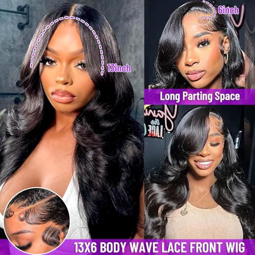 13x6 Body Wave Lace Front Wigs Human Hair Pre Plucked Brazilian 13x6 HD Lace Front Wigs Human Hair with Baby Hair Full Lace Frontal Wig 13x6 Body Wave Wig for Women 180% Density Natural Black 34 Inch