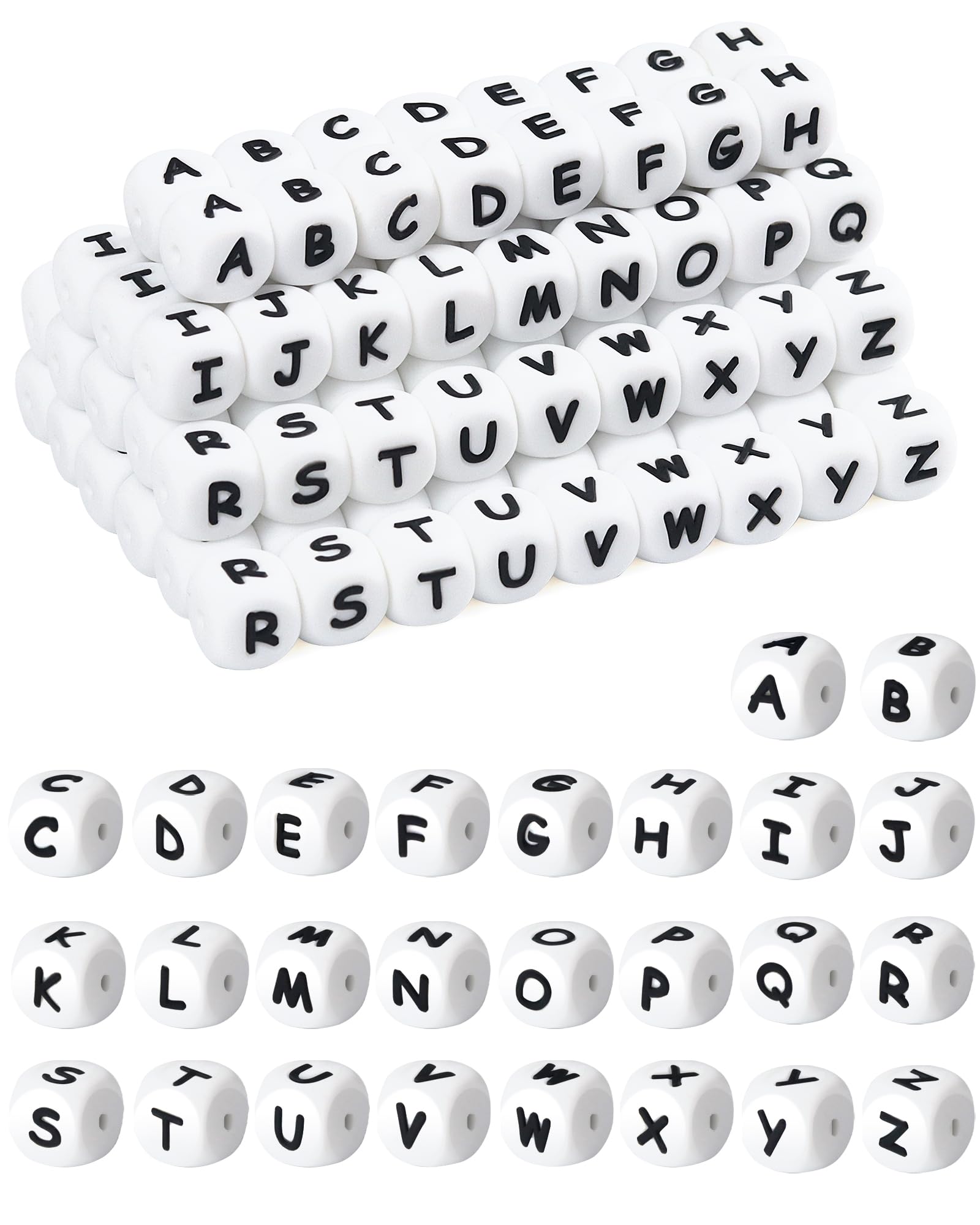 130Pcs FIVEIZERO Silicone Letter Beads, 12mm A-Z Alphabet Beads,Square Bead for Bracelets and Keychains, Large Letter Bead for Necklaces and Lanyards Making（White）
