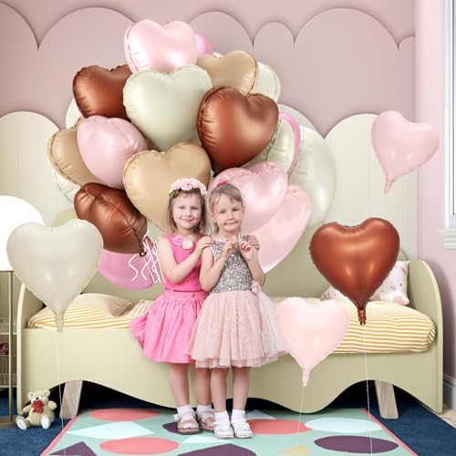 12 Pcs Heart Balloons, 18 inch Cream Brown Pink Heart Shaped Balloons, Big Heart Mylar Helium Balloons, Retro Pink Heart Love Foil Balloons for Wedding Baby Shower Valentine Party Decorations