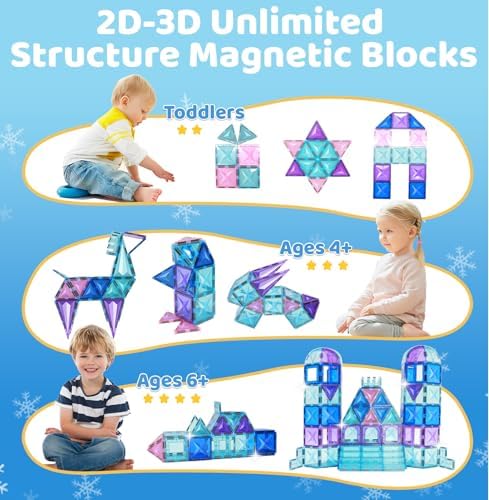 130Pcs Magnetic Tiles, Frozen Toys for Girls 3D Diamond Magnetic Building Blocks, STEM Sensory Educational Toys for Toddlers Kids, Birthday Gifts for Girls 3 4 5 6 7 8+ Year Old