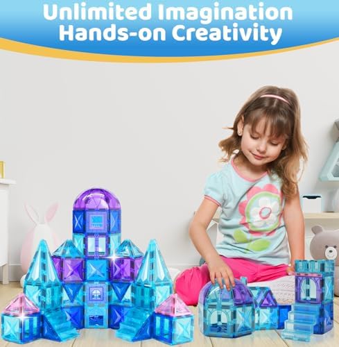 130Pcs Magnetic Tiles, Frozen Toys for Girls 3D Diamond Magnetic Building Blocks, STEM Sensory Educational Toys for Toddlers Kids, Birthday Gifts for Girls 3 4 5 6 7 8+ Year Old