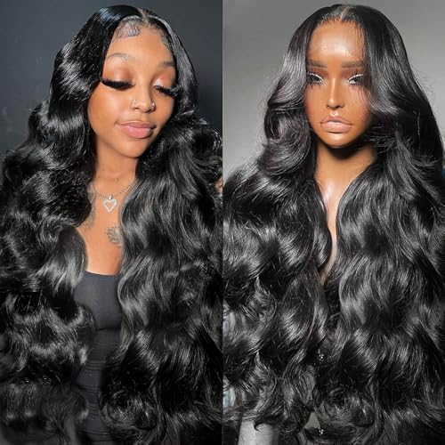 13x6 Body Wave Human Hair Lace Front Wigs 24inch 180% Density HD Lace Frontal Wigs Human Hair Pre Plucked Body Wave Lace Front Wigs Human Hair for Women with Baby Hair Black Color