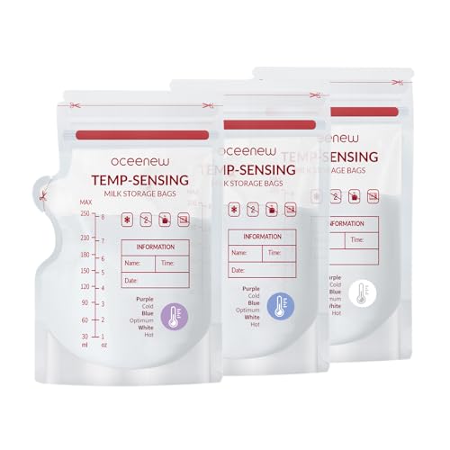 120 Pcs Breastmilk Storage Bags 8 Oz, Temp-Sensing BPA Free Milk Storage Bags with Pour Spout for Breastfeeding, Self-Standing or Flat Pre-sterilised Bag, Space Saving for Fridge or Freezer
