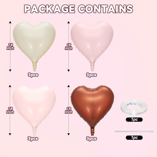12 Pcs Heart Balloons, 18 inch Cream Brown Pink Heart Shaped Balloons, Big Heart Mylar Helium Balloons, Retro Pink Heart Love Foil Balloons for Wedding Baby Shower Valentine Party Decorations
