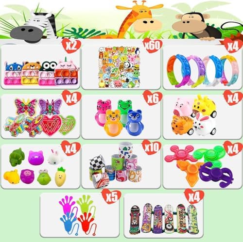 107 PCS Party Favors Toys for Kids, Treasure Box Toys for Classroom, Pop Fidget Toys Treasure Chest for Kids Prizes Classroom, Bulk Pinata Stuffers Goodie Bag Fillers for Kids 4-8