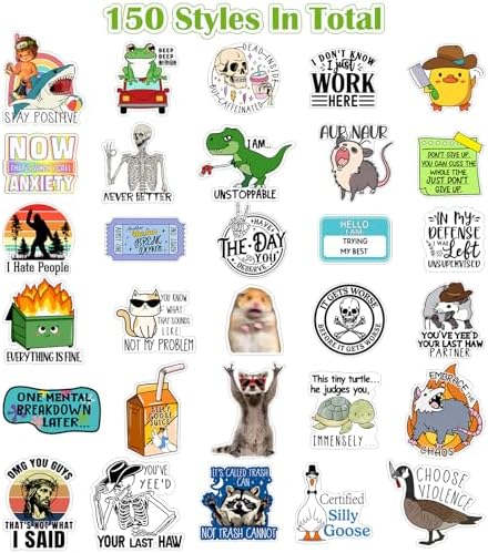 150 Pcs Funny Stickers for Adults Funny Water Bottles Stickers Pack Waterproof Cool Stickers for Laptop, Bumper, Phone, Hard Hats, Wall, Window Decals Decors, 150 Styles