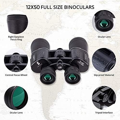 12X50 Full Size Binoculars for Adults - Photography Video Kit Included Pro Tripod, Carrying Bag & Strap - Perfect for Camping, Travel, Stargazing & Bird Watching