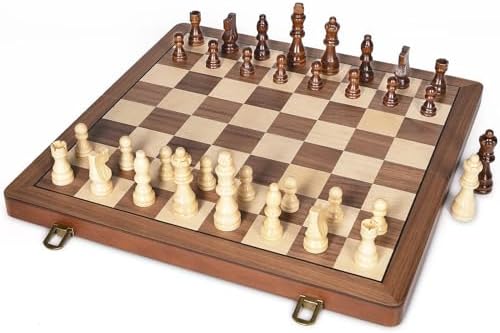 15" Wooden Chess Set with Magnetic Pieces - Extra Queens - Folding Chessboard Portable Travel Tournament Chess Board Games for Adults Kids