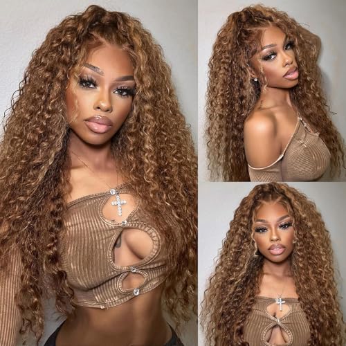 13x6 Ombre Lace Front Wigs Human Hair Pre Plucked 180 Density Honey Blonde Curly Wigs Human Hair 13x6 Deep Wave HD Lace Frontal Wigs Human Hair for Women with Baby Hair 26 inch