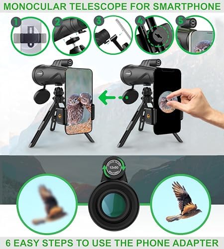 12x52 Monocular Telescope with Smartphone Adapter and Upgraded Tripod, HD Handheld Telescope - High Powered Monocular Scope for Adults - Birdwatching - Gifts for Men Him Dad Husband Boyfriend (Black)