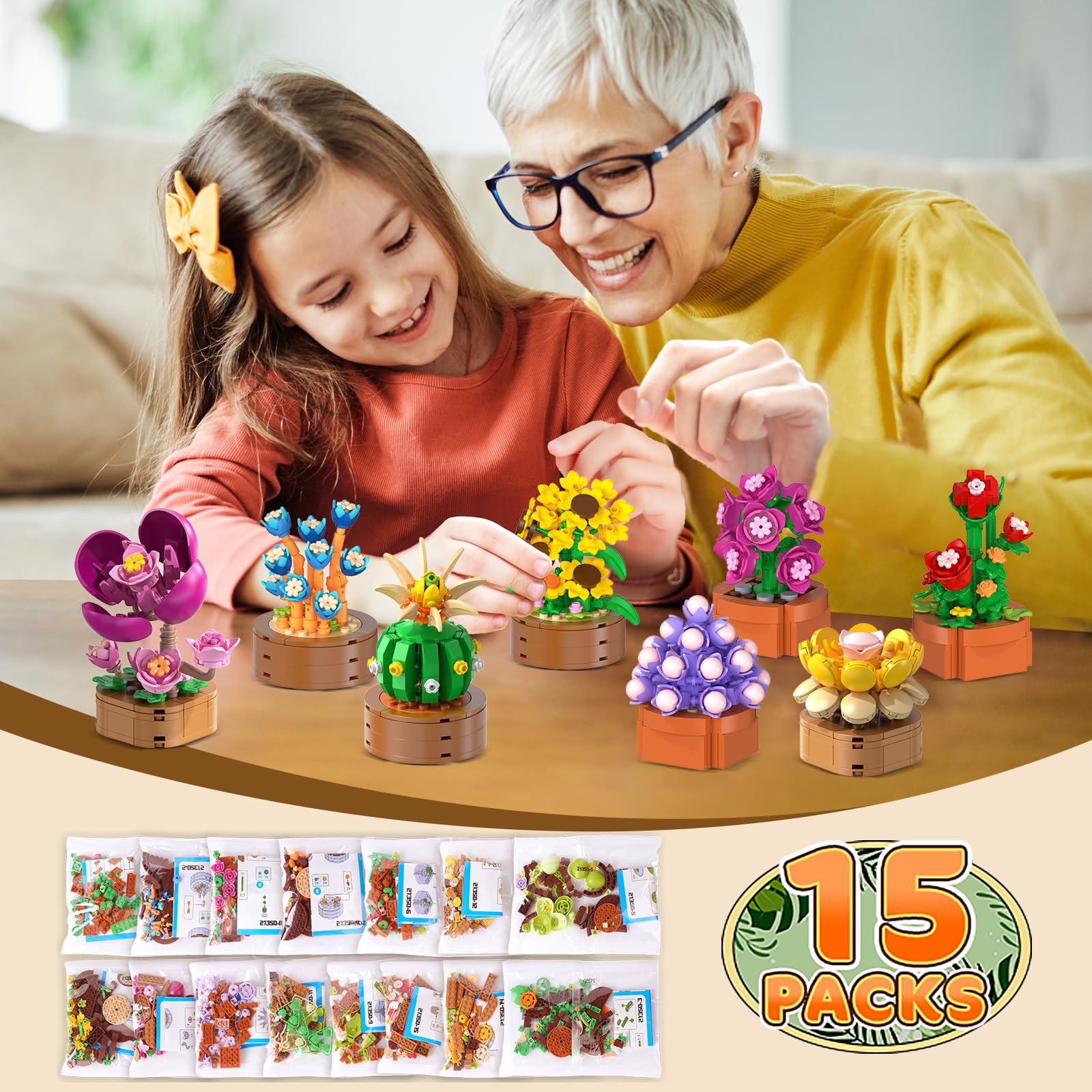 15 Pack Flowers Plants 3.6MM Mini Building Sets - 1314PCS Flower Succulents Botanical Collection for Home Office Décor Block Toy, Party Favors for Christmas Mother's Day Birthday Adults Kids Girls 10+