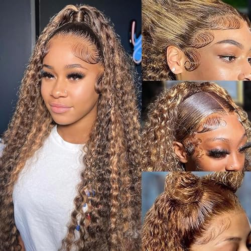 13x6 Ombre Lace Front Wigs Human Hair Pre Plucked 180 Density Honey Blonde Curly Wigs Human Hair 13x6 Deep Wave HD Lace Frontal Wigs Human Hair for Women with Baby Hair 26 inch