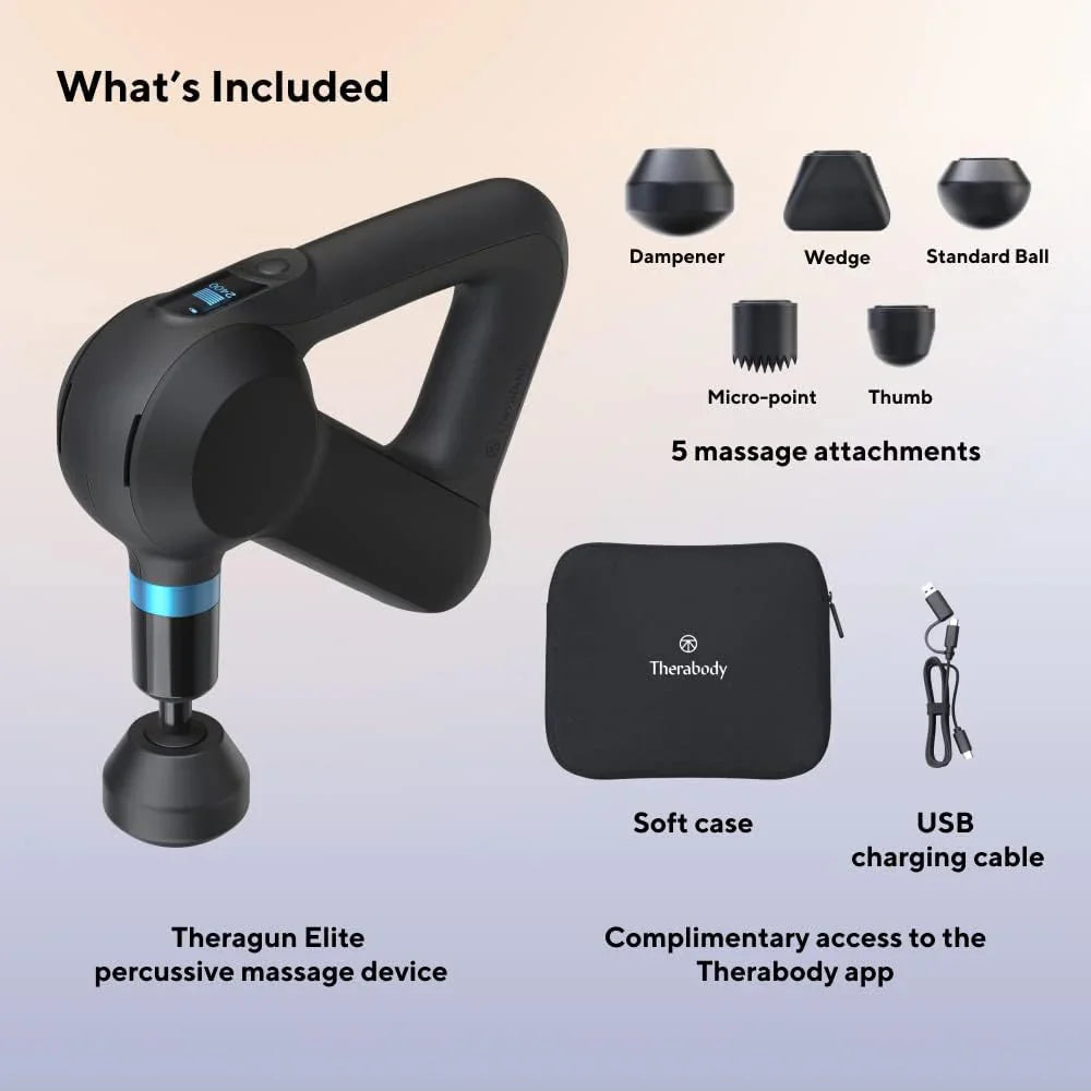 TheraGun Elite Ultra-Quiet Percussion Massage Gun for DeepTissue Muscle Pain Relief, Handheld Electric Massager Perfect forNeck, Back, and Full Body Tension, Bluetooth and USB-CCharging, 5th Gen