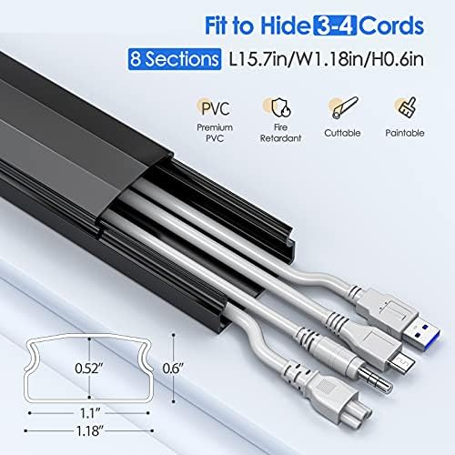 125in Black Cord Cover, Black Cord Hider Cable Raceway Kit for Mount TVs, Wire Hider Cord Management, Cable Hider for Home Office, 8X L15.7 W1.18 H0.6, Large, Black