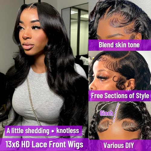 13x6 Body Wave Lace Front Wigs Human Hair Pre Plucked Brazilian 13x6 HD Lace Front Wigs Human Hair with Baby Hair Full Lace Frontal Wig 13x6 Body Wave Wig for Women 180% Density Natural Black 34 Inch