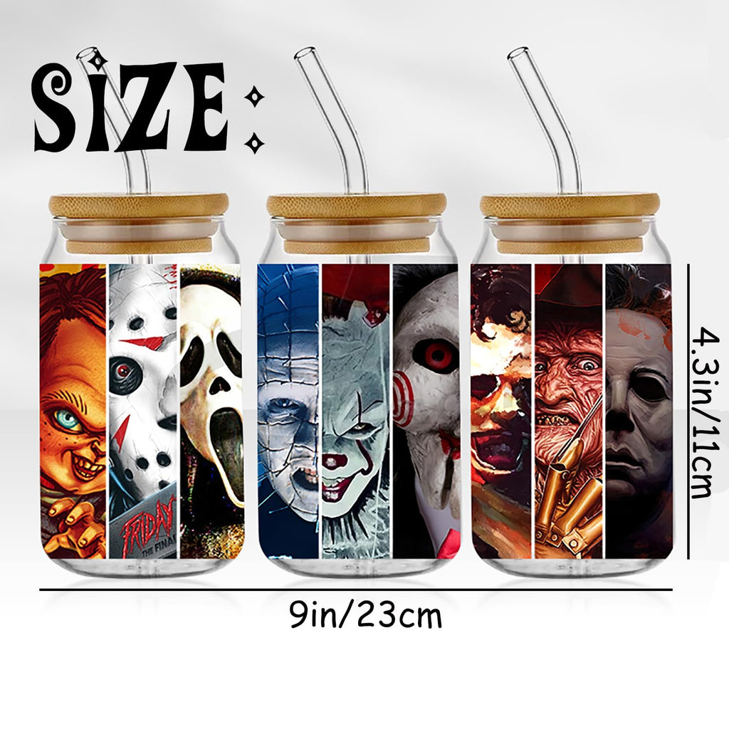 12Pcs UV DTF Cup Wrap Transfer for Glass Halloween,Terror UV DTF Transfers Stickers Decals Rub on Transfers Cup Stickers for Crafts No Heat Needed Ready to Apply UV DTF Cup Wrap Transfer