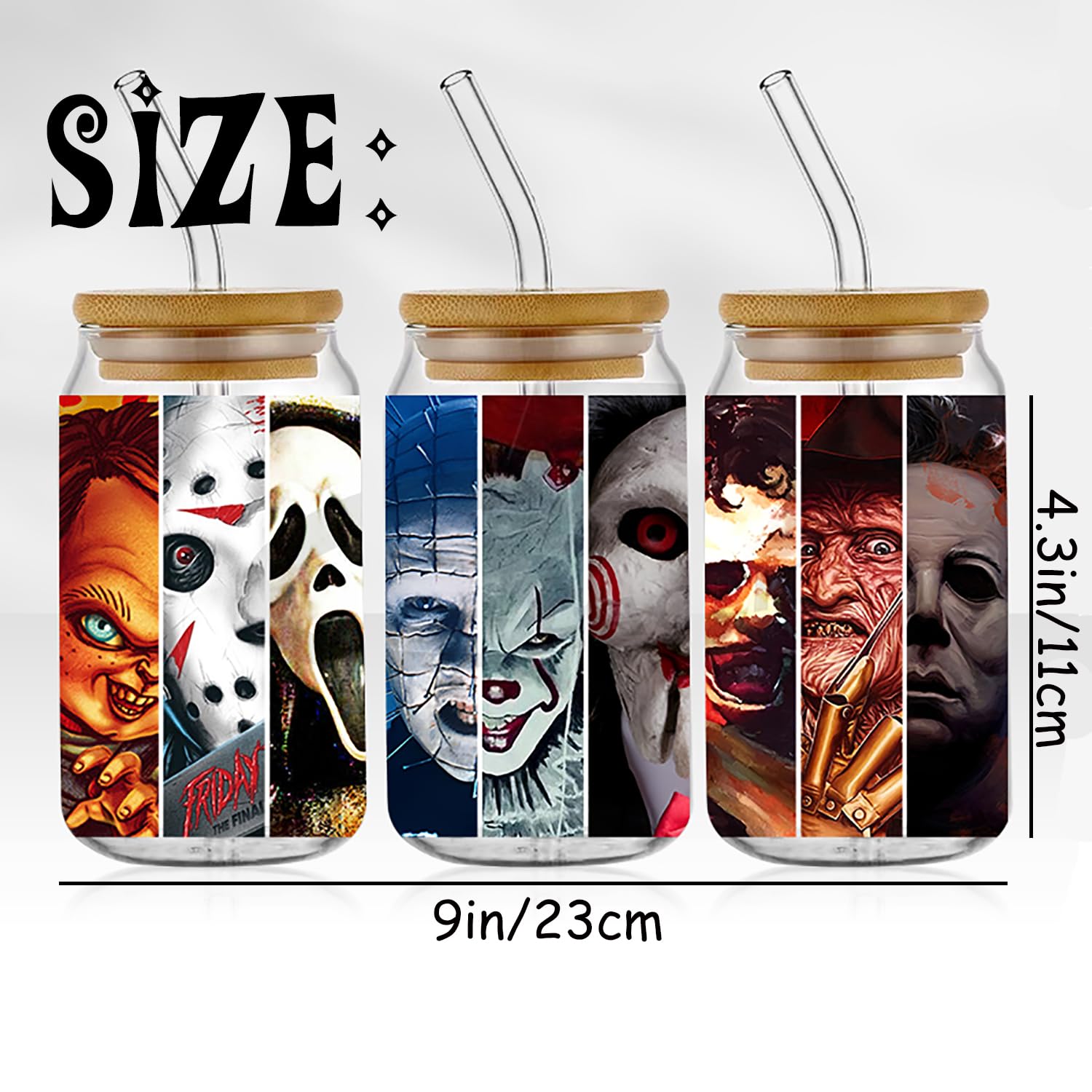 12Pcs UV DTF Cup Wrap Transfer for Glass Halloween,Terror UV DTF Transfers Stickers Decals Rub on Transfers Cup Stickers for Crafts No Heat Needed Ready to Apply UV DTF Cup Wrap Transfer