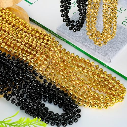 144PCS New Years Eve Bead Necklace, Black Gold Bead Necklace Party Supplies, 33" New Years Eve Necklaces Costume Set, Festival Parade Throw for Mardi Gras New Years Celebrations Decorations