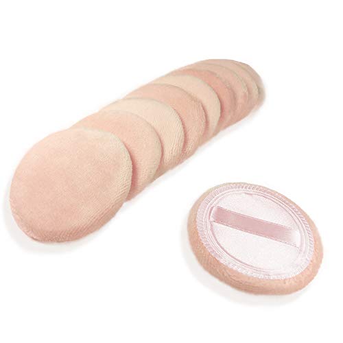 10pcs Powder Puff Cotton Cosmetic Face Makeup Powder Puffs Pads with Ribbon for Loose and Foundation 2.36 inch. (Beige)