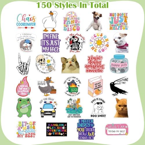 150 Pcs Funny Stickers for Adults Funny Water Bottles Stickers Pack Waterproof Cool Stickers for Laptop, Bumper, Phone, Hard Hats, Wall, Window Decals Decors, 150 Styles
